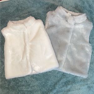 2 pristine plush vests, white & light gray, snap close, very soft & stylish